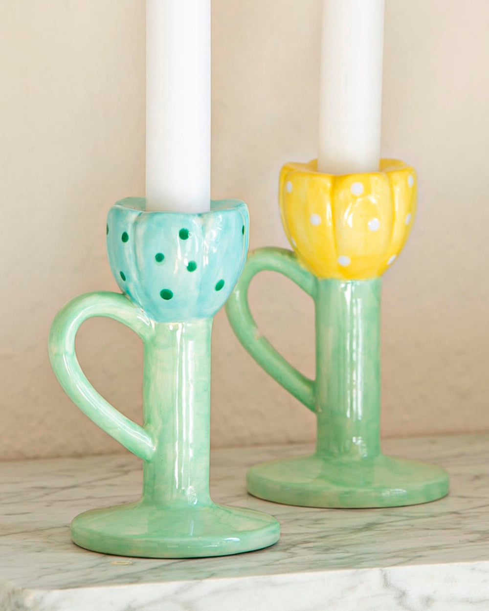 2er Set Kerzenhalter Blüte Gelb/Hellblau, 12 H cm