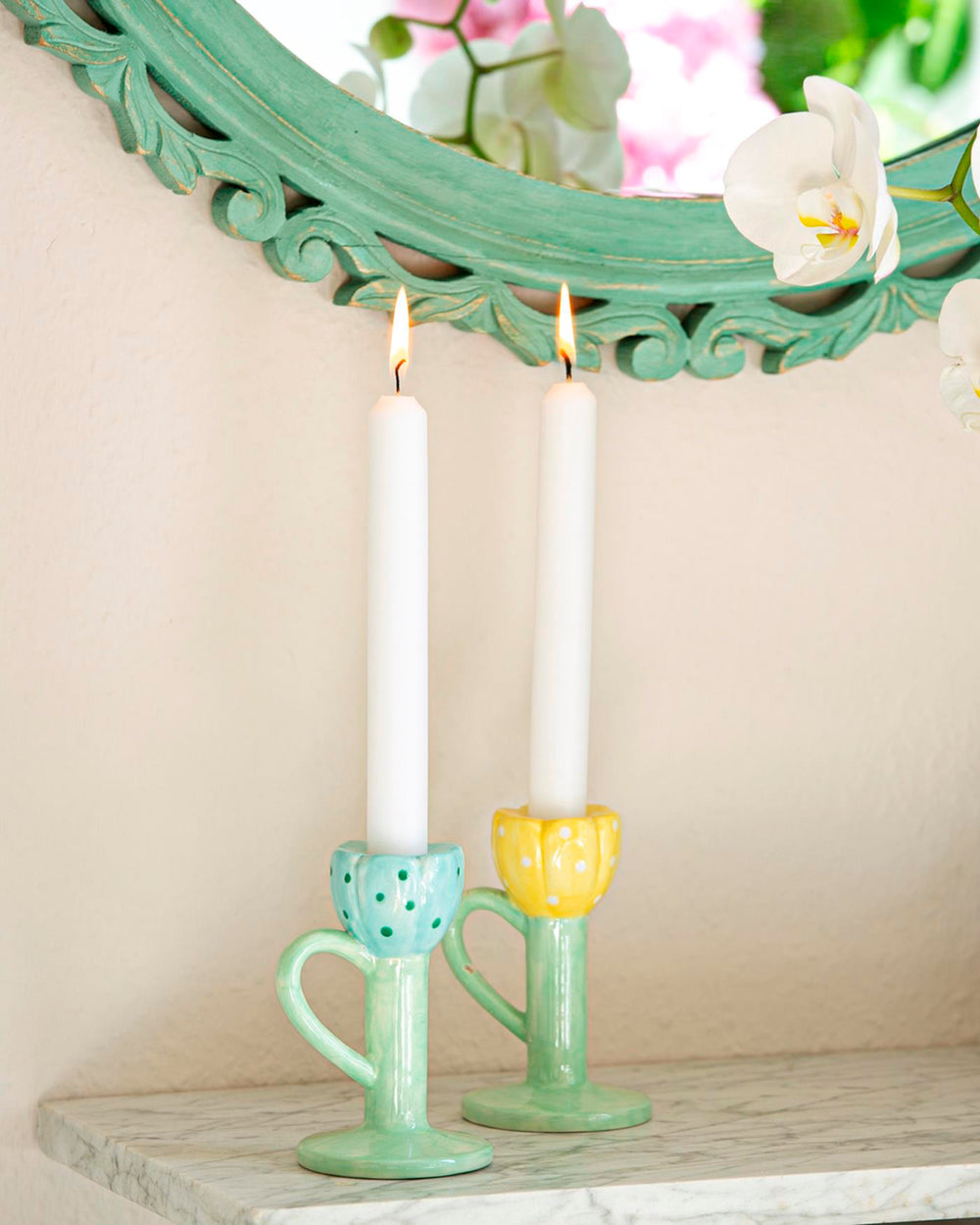 2er Set Kerzenhalter Blüte Gelb/Hellblau, 12 H cm